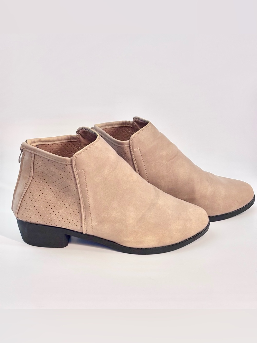 Women's Beige Suede-Look Ankle Booties with Low Block Heel